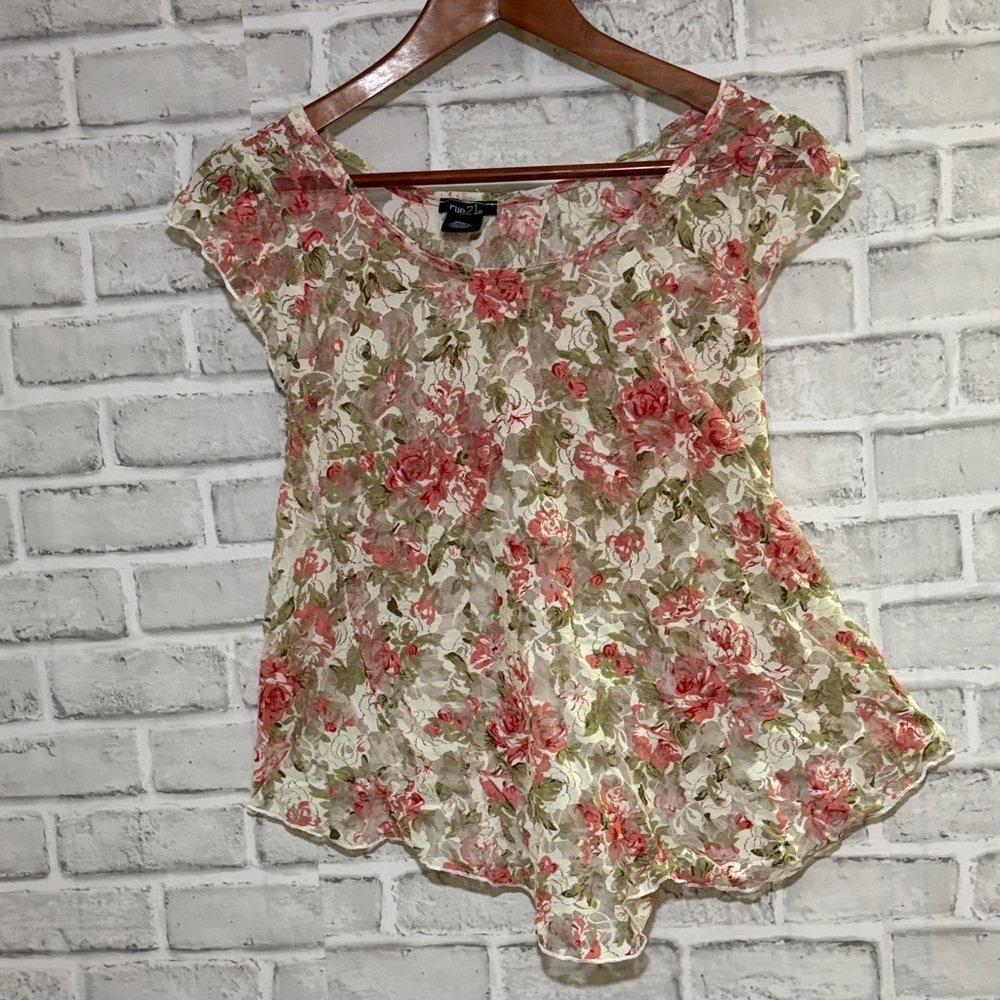 Rue21 Pink and Green Floral Blouse, sheer open back size small